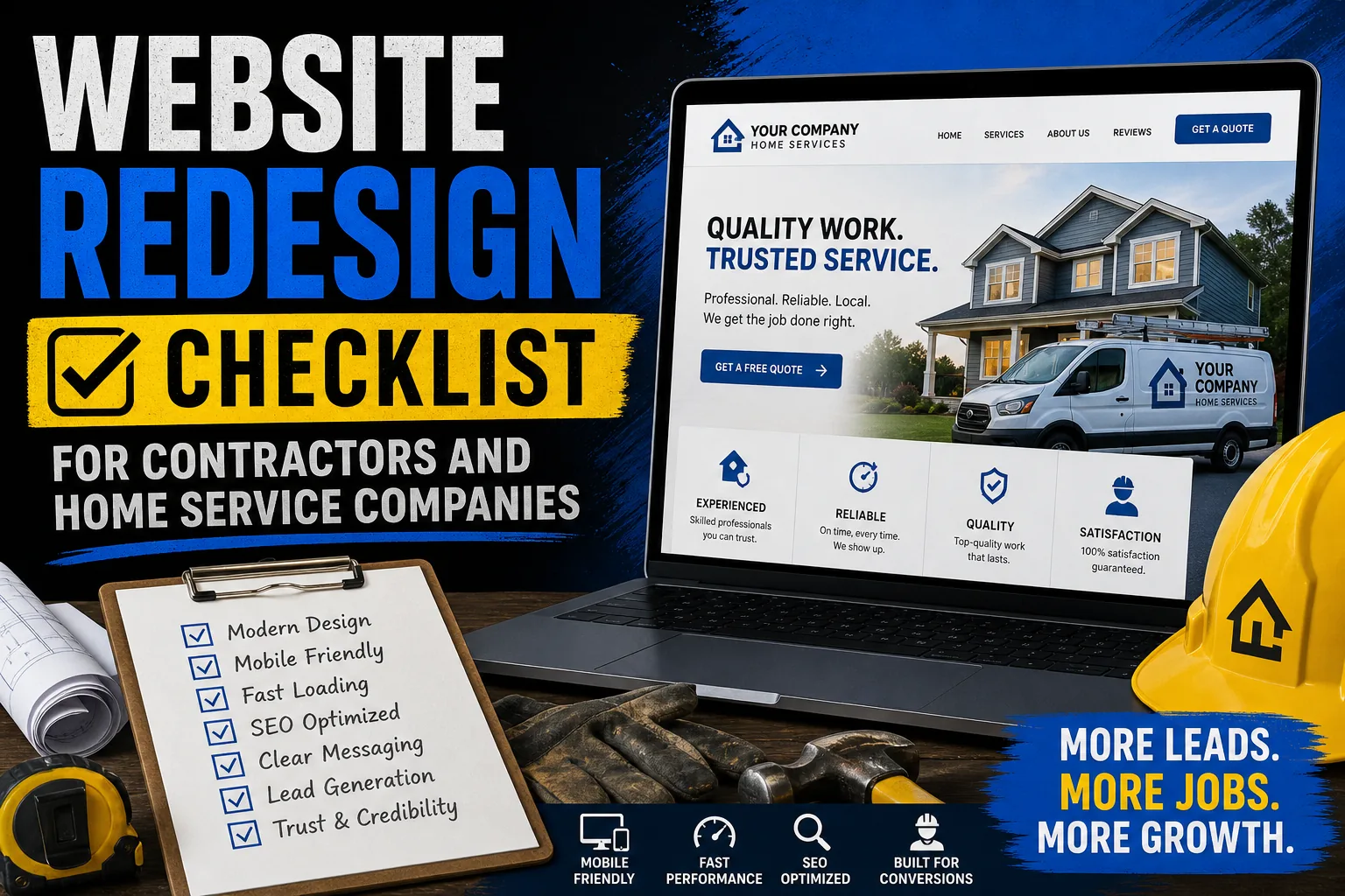 Contractor reviewing a website redesign checklist beside job planning materials.