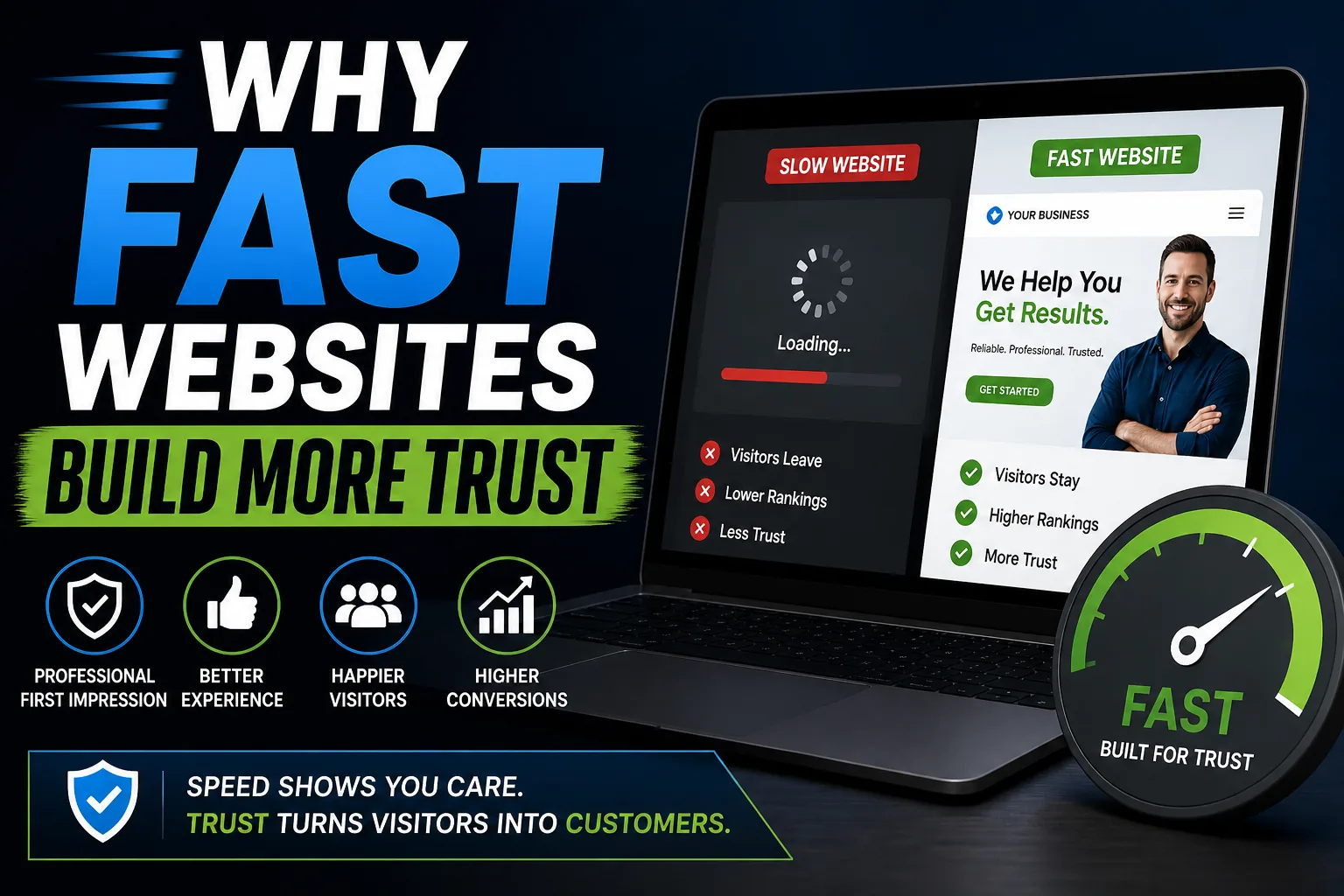 Customer viewing a fast-loading business website on a mobile phone.