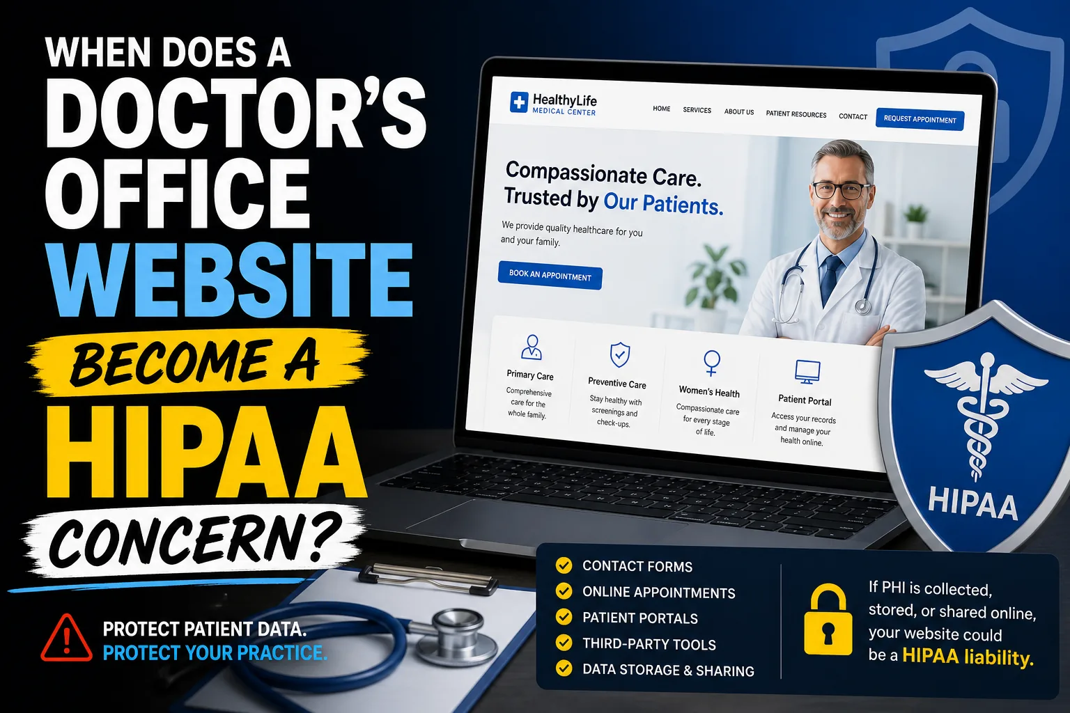 Healthcare office admin workspace showing website and patient intake operations.