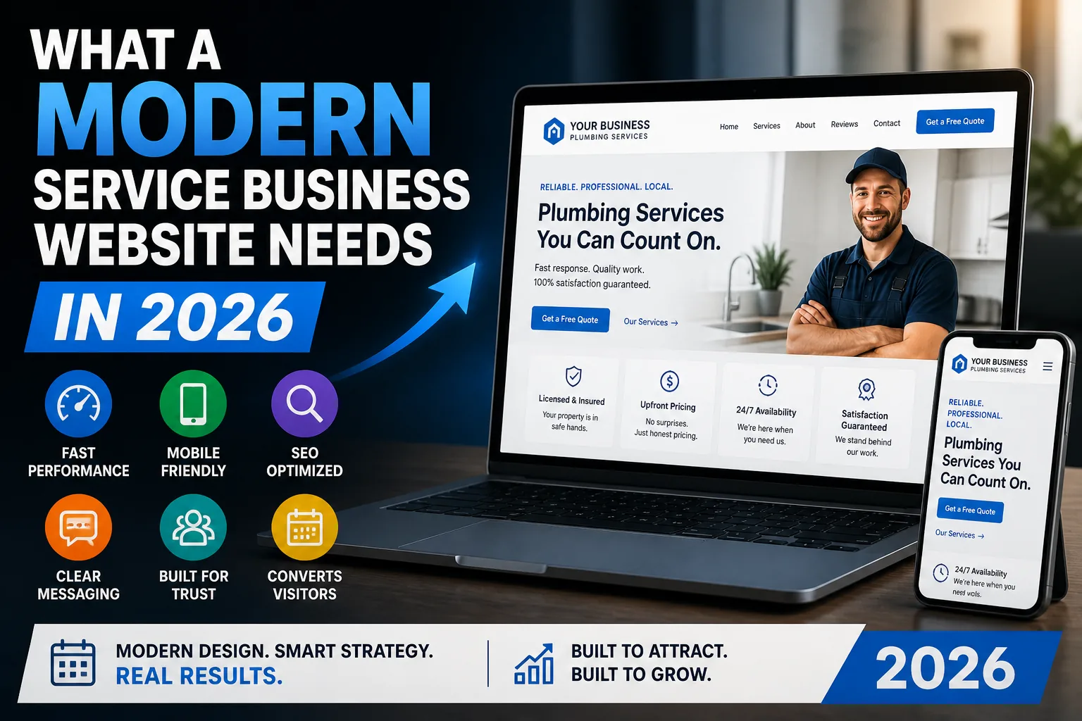 Modern service business website displayed on a laptop in a professional workspace.