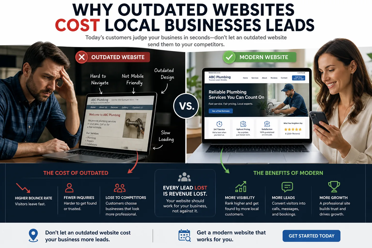 Small-business owner reviewing an outdated website that is costing local leads.