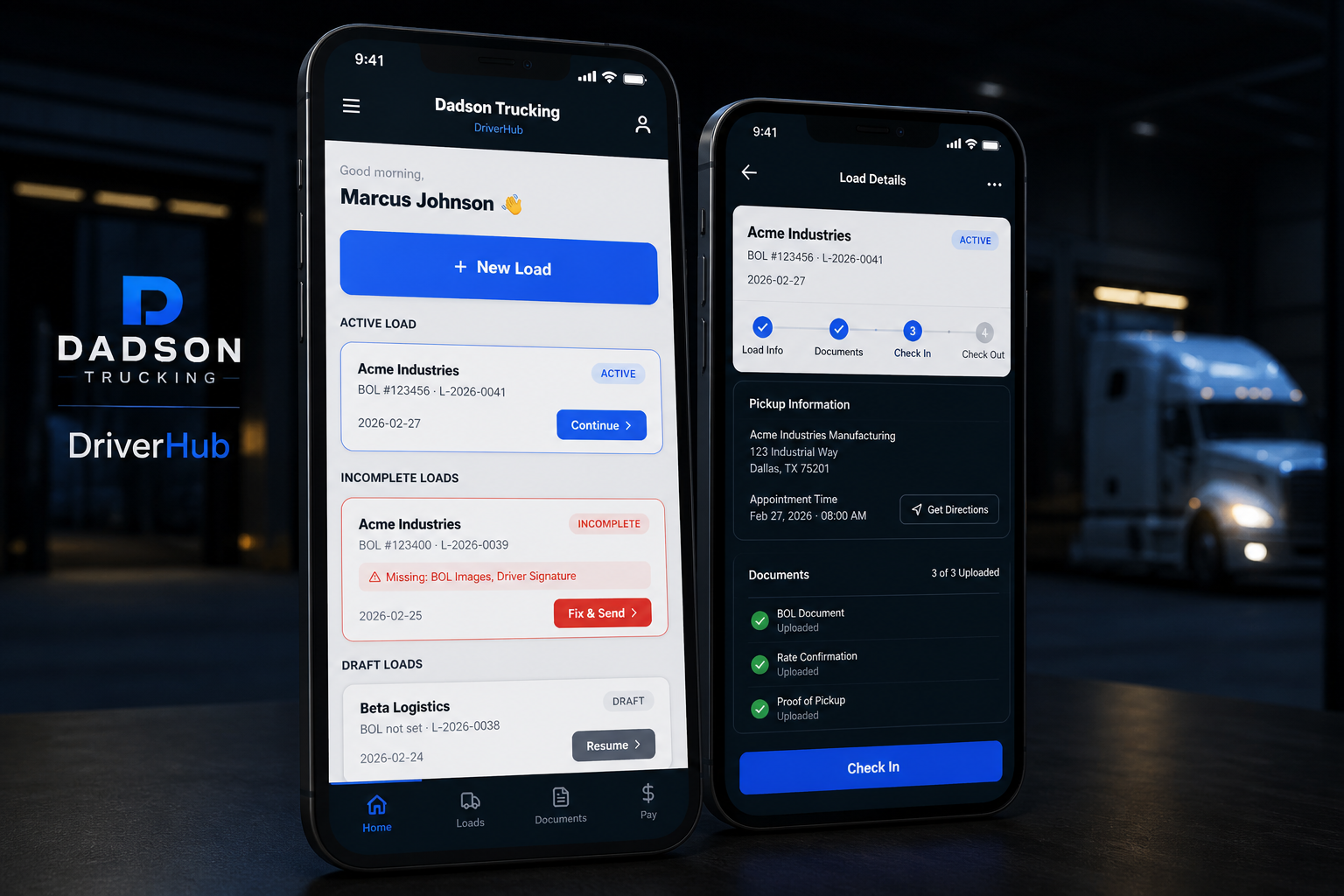 Dadson Driver Hub mobile workflow interface for field load and document management